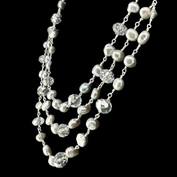 Layered Genuine Pearl & Faceted Glass Beads Link Necklace over Sterling Silver - Picture 3 of 9